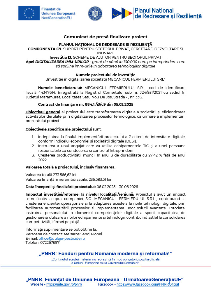 Comunicat de presă finalizare proiect PLANUL NAȚIONAL DE REDRESARE ȘI REZILIENȚĂ COMPONENTA C9