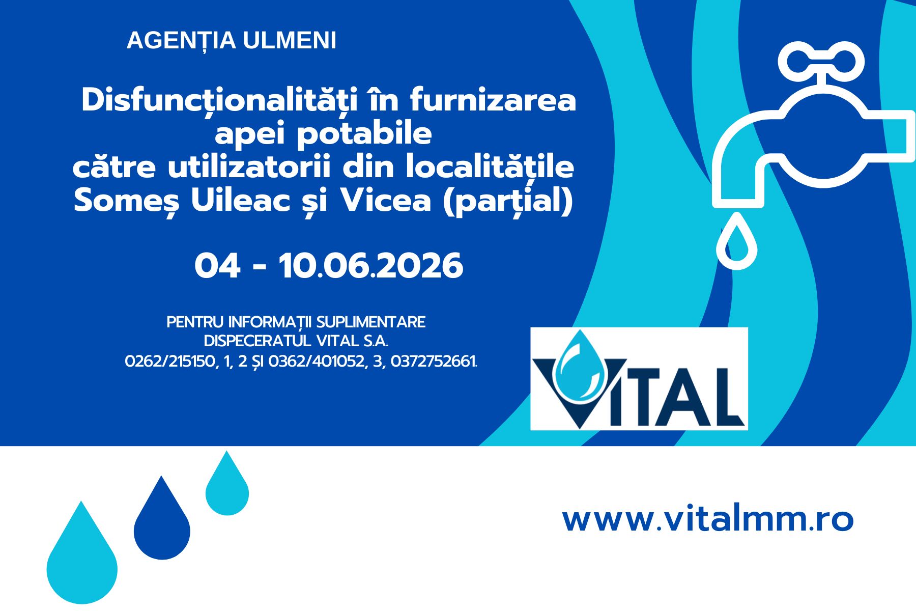 SC Vital - AGENȚIA ULMENI - Disfuncționalități în furnizarea apei potabile în localitățile Someș Uileac și Vicea 